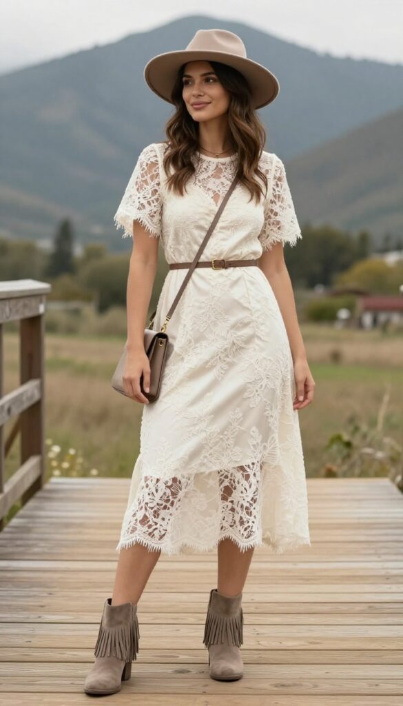 Woman in ivory silk sheath dress with lace overlay, taupe hat and suede fringe boots on train platform in mountains