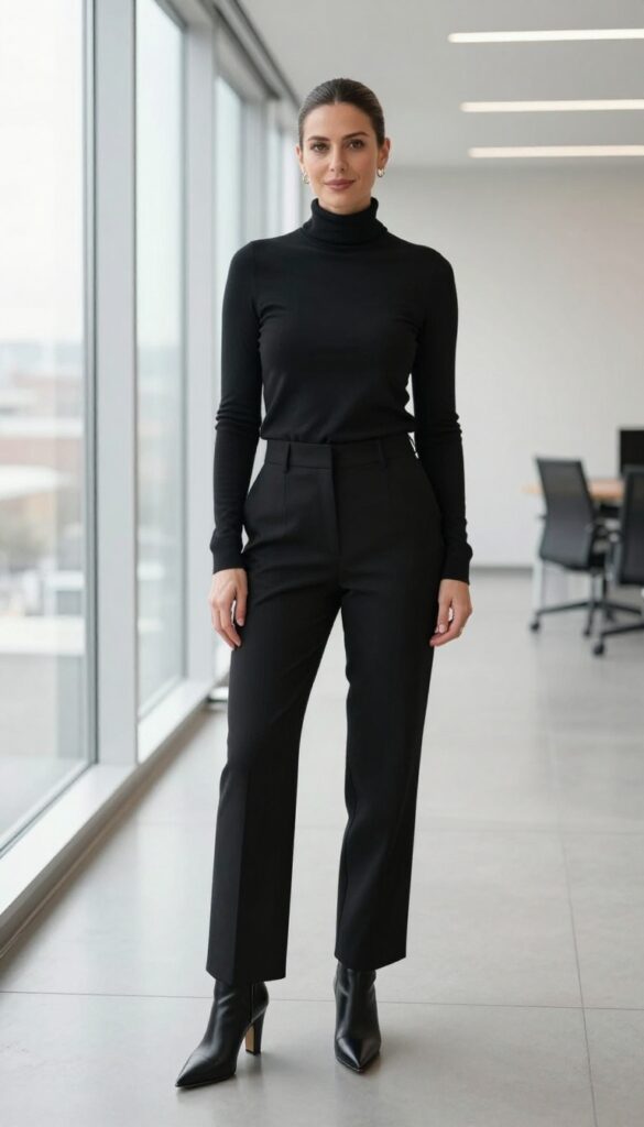 3. Black Wide-Leg Pants + Fitted Turtleneck + Heeled Boots