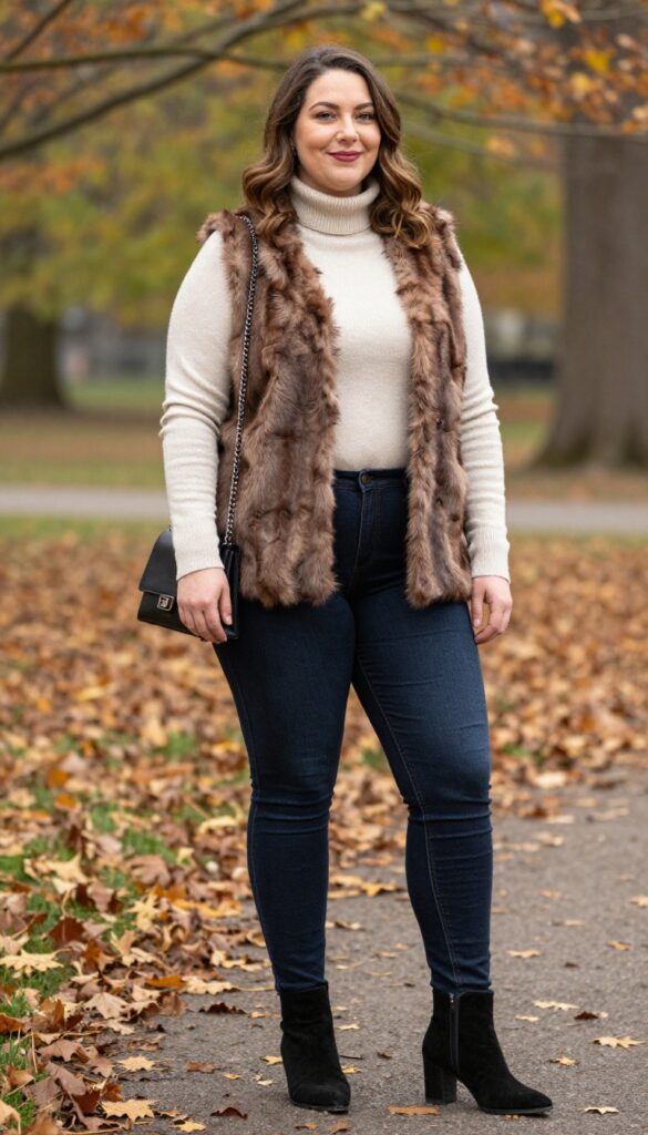 13. Faux Fur Vest with a Turtleneck and Skinny Jeans