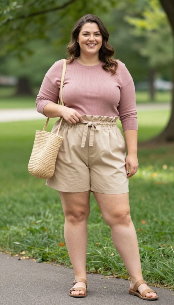6. Paperbag Waist Shorts with a Knit Top and Straw Bag
