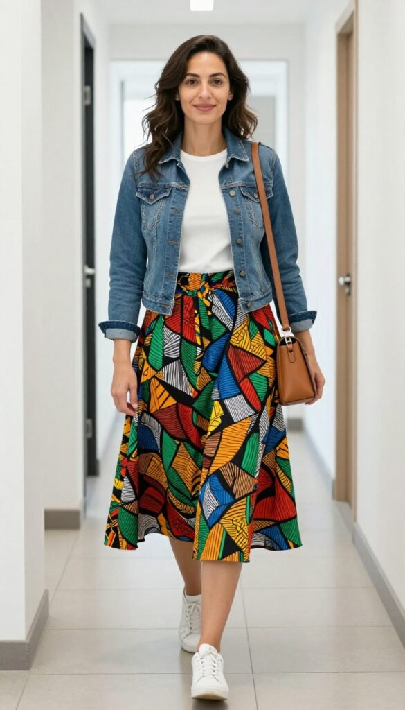 8. Ankara Midi Skirt with a Denim Jacket