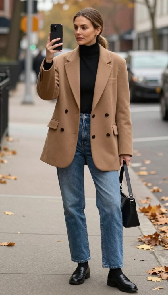 10. High-Waisted Straight-Leg Jeans with a Fitted Turtleneck and a Blazer