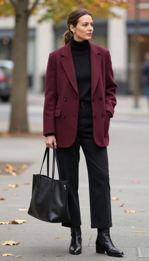 2. Burgundy Blazer + Black Turtleneck + Wide-Leg Trousers