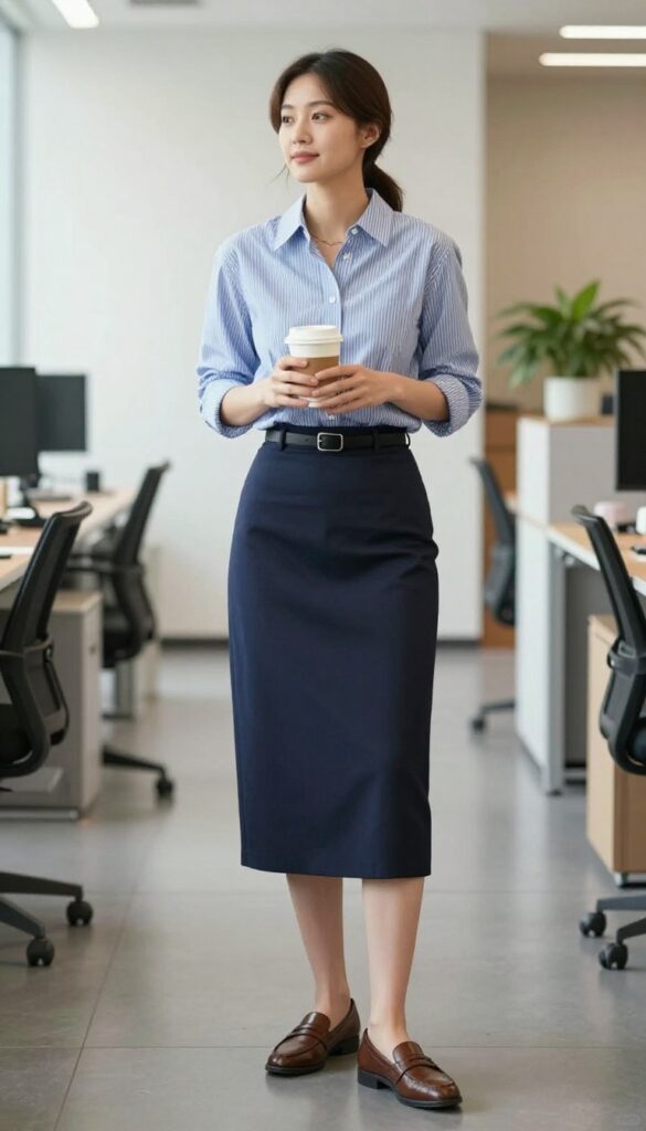 6. Button-Down Shirt + A-Line Skirt + Loafers