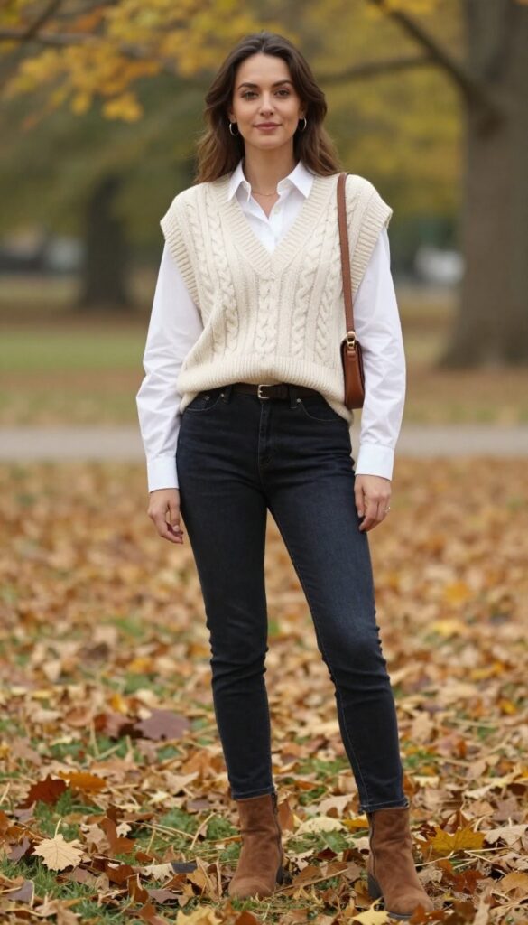 7. Knit Vest, Button-Down, and Dark Wash Jeans