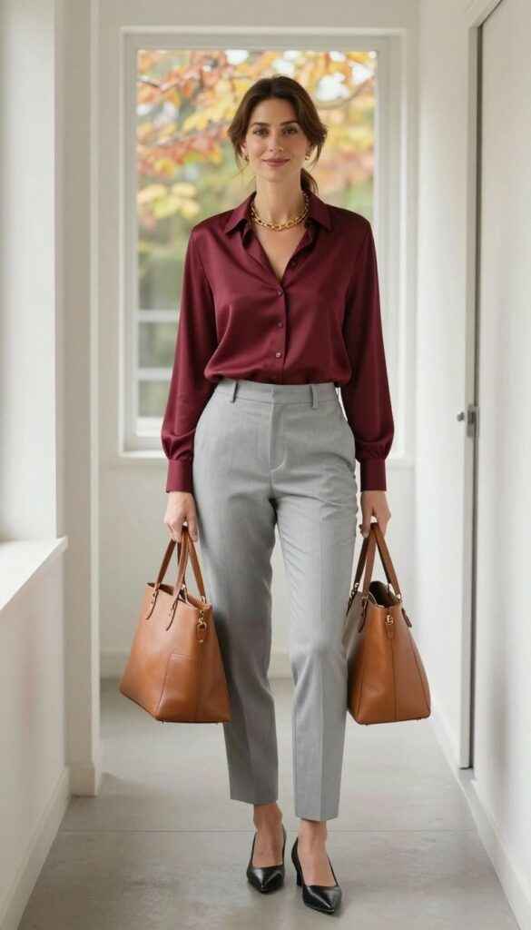 10. Burgundy Silk Blouse + Gray Trousers + Pointed Flats