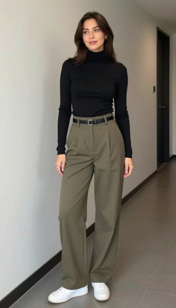 2. Wide-Leg Trousers + Fitted Turtleneck + Belt Bag