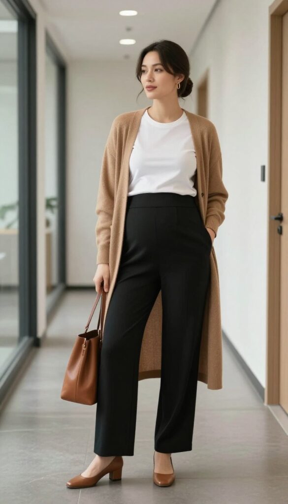 2. Wide-Leg Trousers with a Fitted Tee and Cardigan