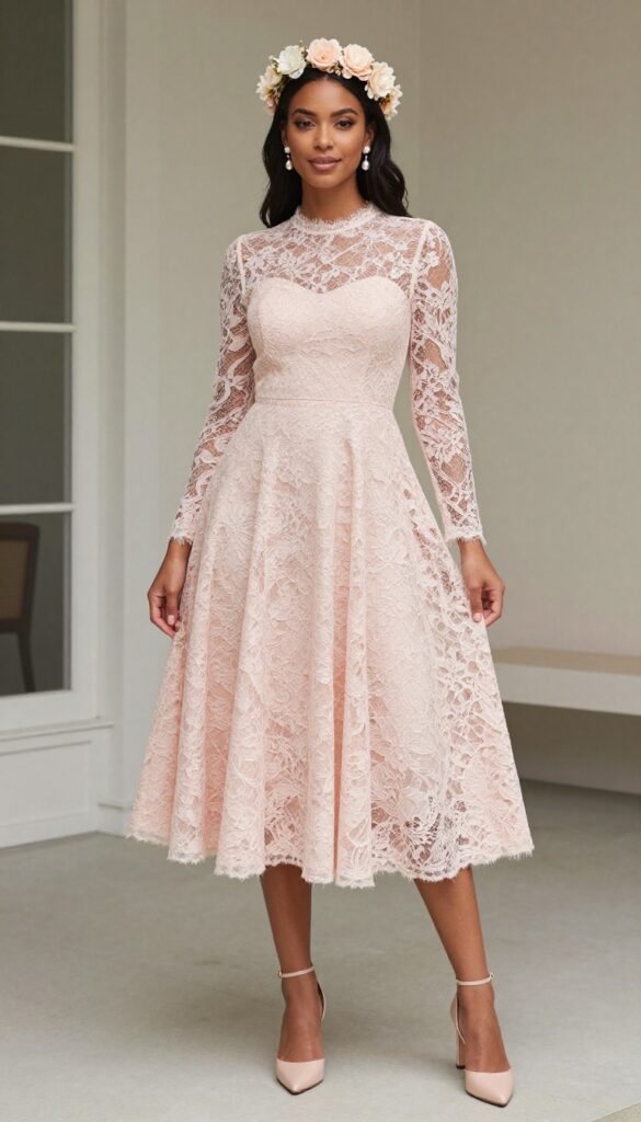 Adult woman in blush pink A-line lace wedding dress with long sleeves and floral crown, standing in lush garden, natural lighting.