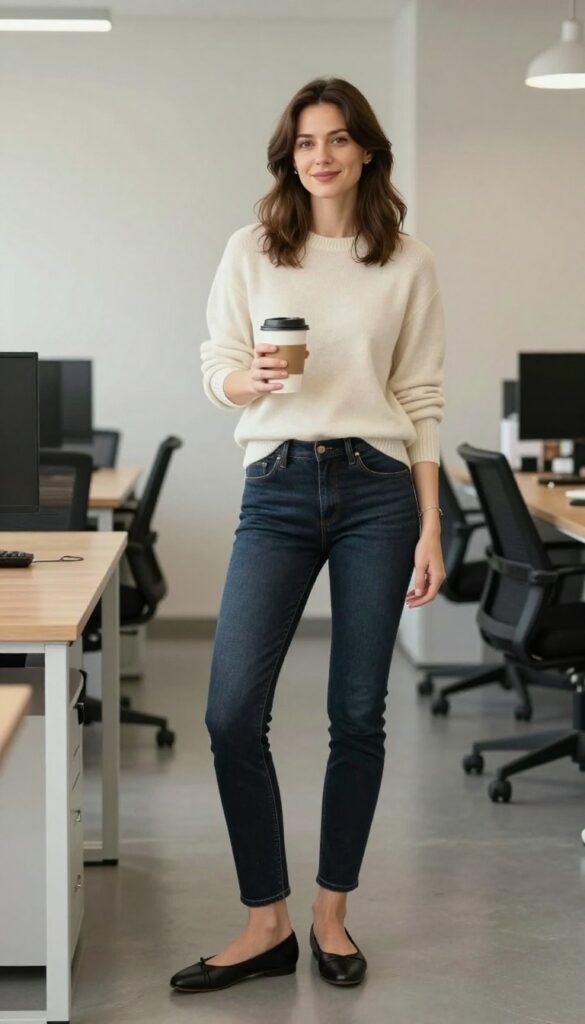 10. Cashmere Sweater + Dark Wash Jeans + Ballet Flats