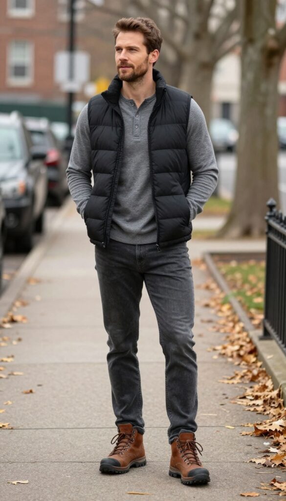 12. Puffer Vest Over a Long-Sleeve Henley