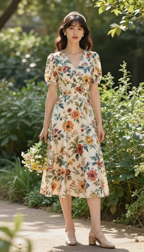 7. Vintage-Inspired with a Tea-Length Dress and Pearl Accents