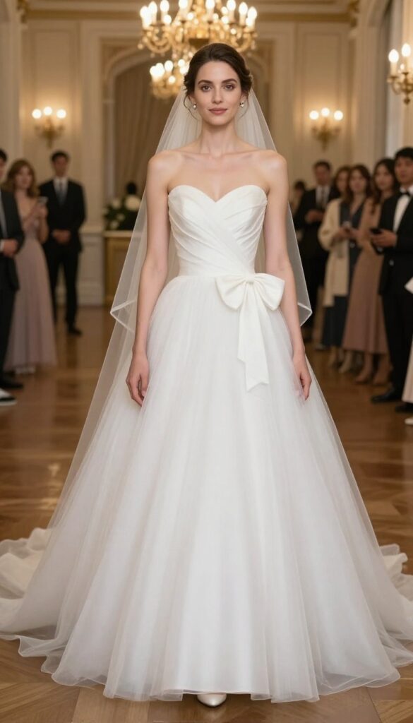 Woman in classic white ballgown with statement bow at back, standing in grand ballroom