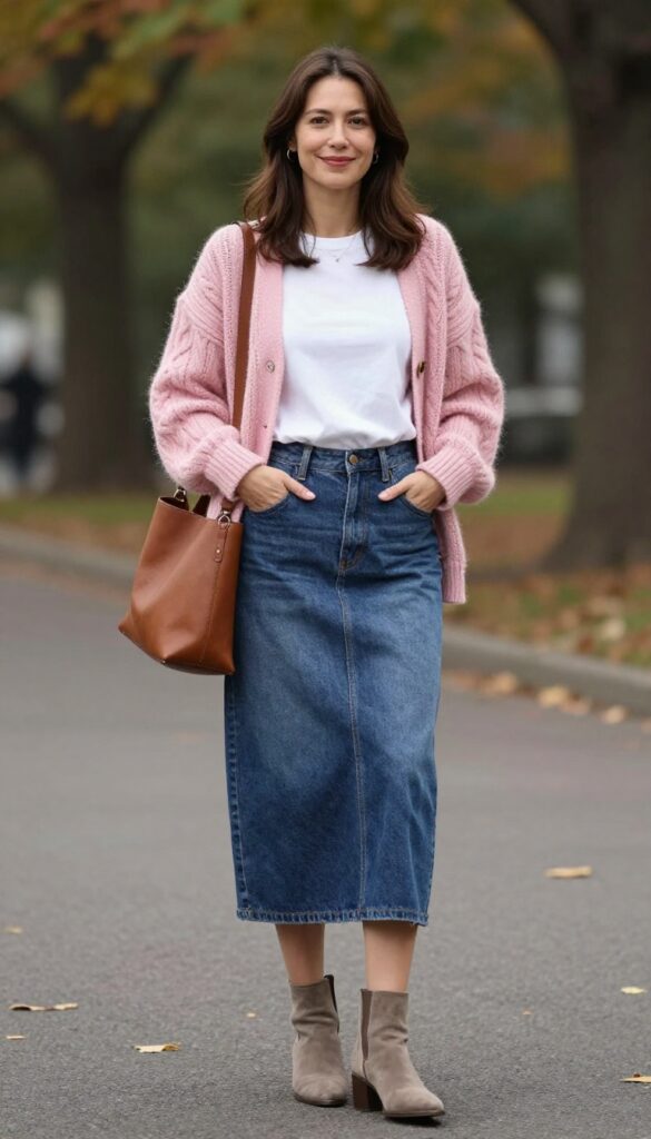 3. Pink Cable-Knit Cardigan with Denim Skirt