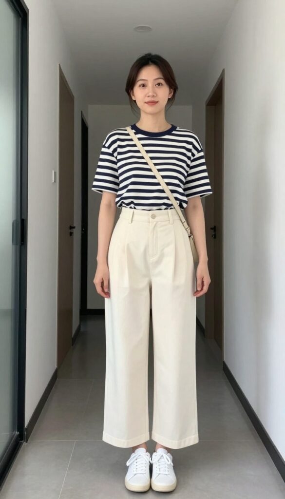 2. Striped Breton Top + Wide-Leg Trousers + White Sneakers