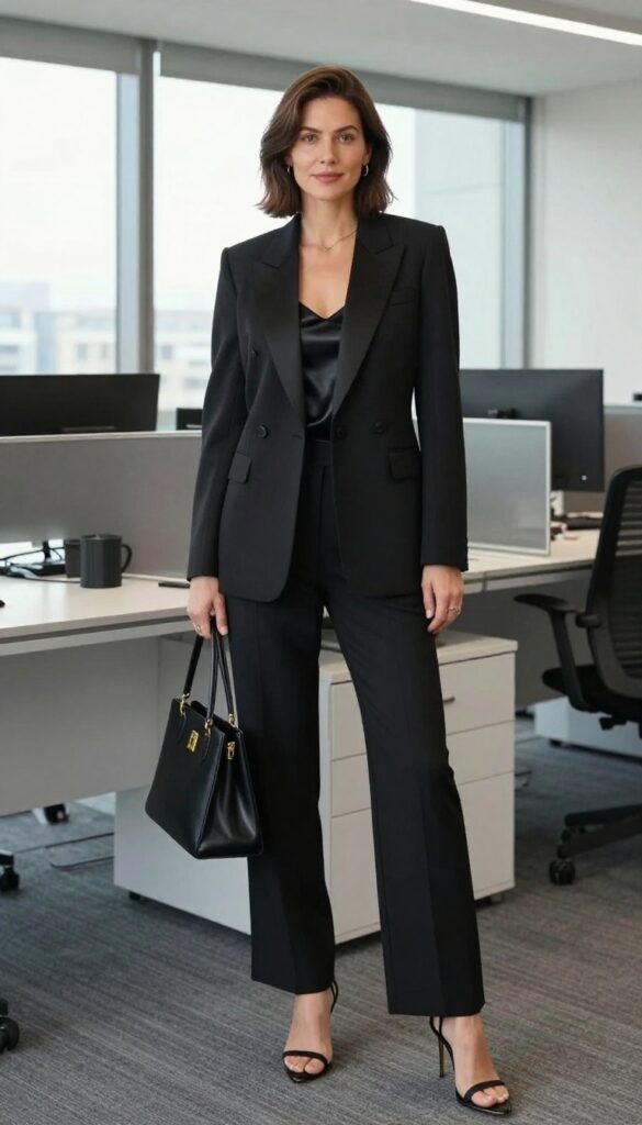 9. Black Tuxedo Jacket + Satin Camisole + Wide-Leg Trousers