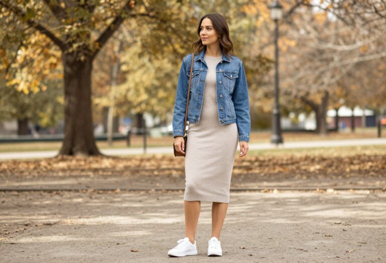 Woman in beige knit dress with denim jacket and white sneakers in autumn park