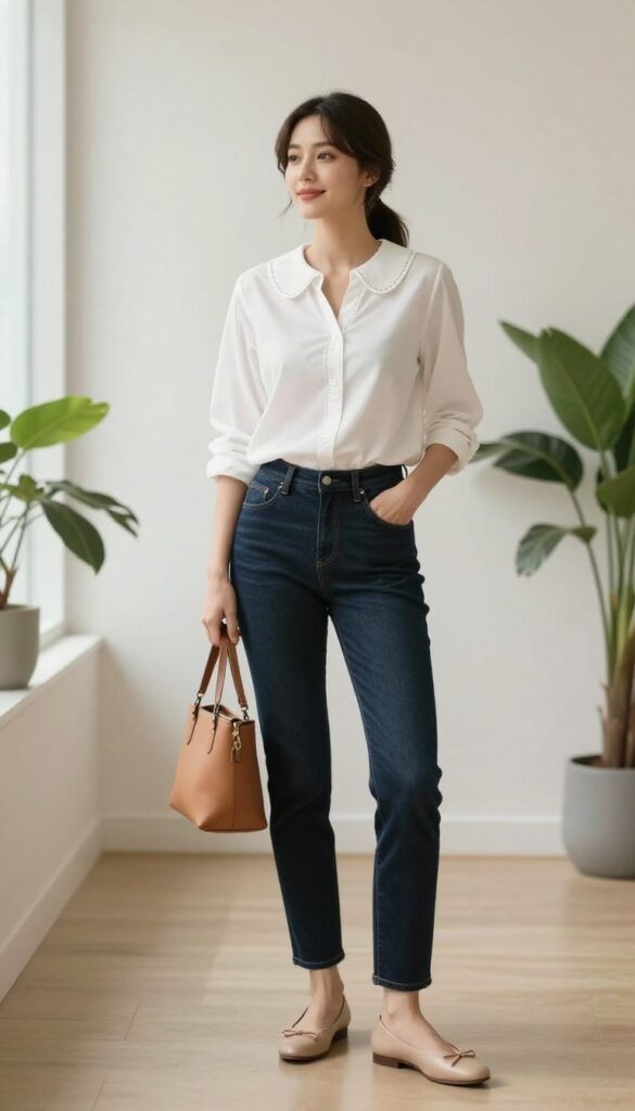 7. Peter Pan Collar Blouse + Dark Denim + Ballet Flats
