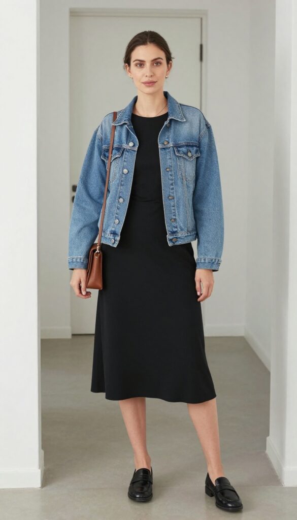 2. Black Midi Dress + Denim Jacket + Loafers