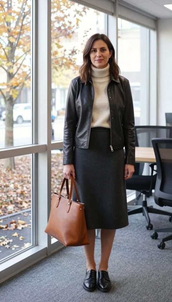 5. Leather Jacket + Cashmere Sweater + A-Line Skirt + Oxfords