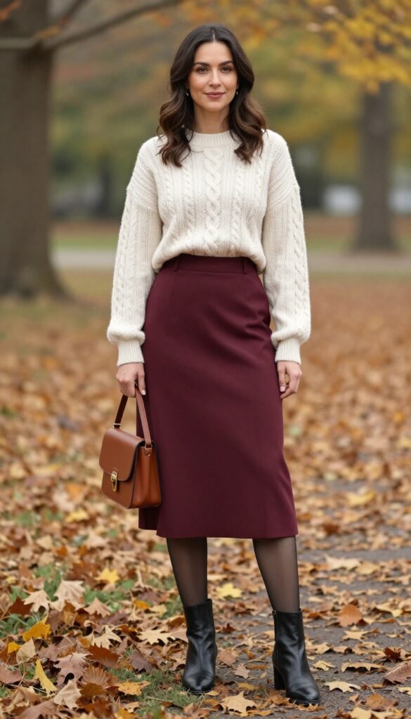 7. Cable-Knit Sweater + A-Line Skirt + Tights