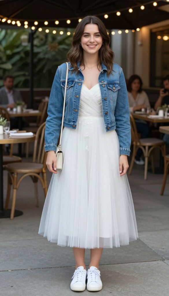 Woman in sleeveless tulle wedding dress with cropped denim jacket and white sneakers at outdoor patio