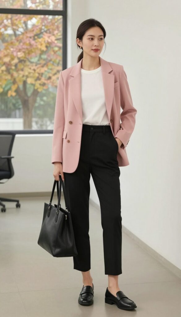 4. Muted Pink Blazer with White Tee and Black Trousers