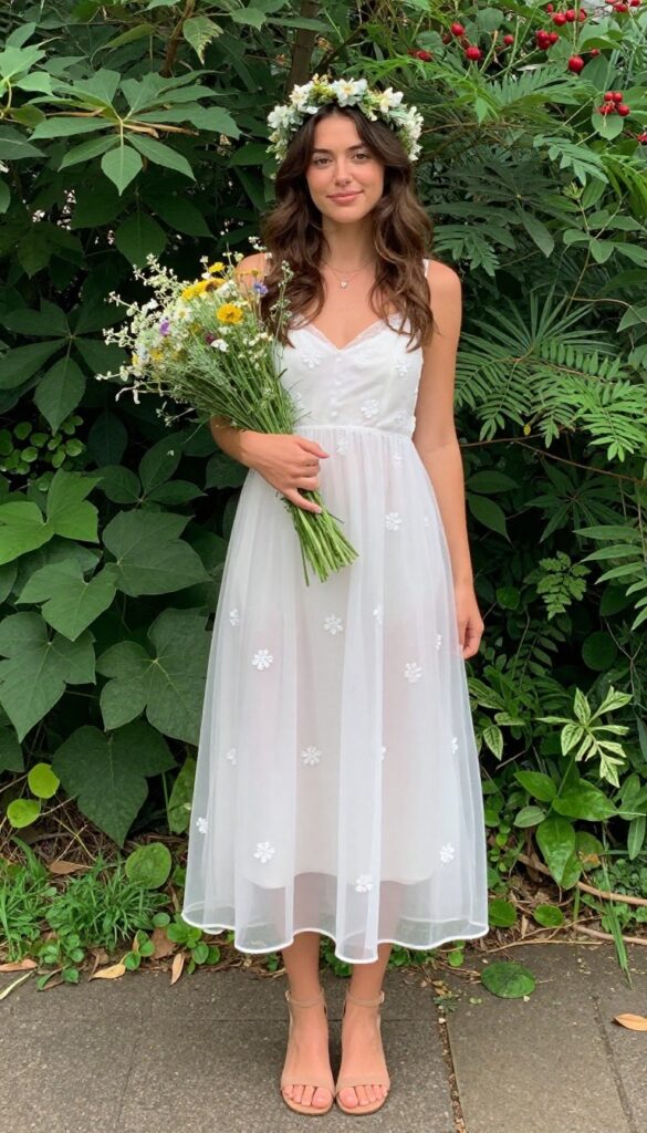 Woman in sheer overlay dress with floral appliqués and flower crown in garden
