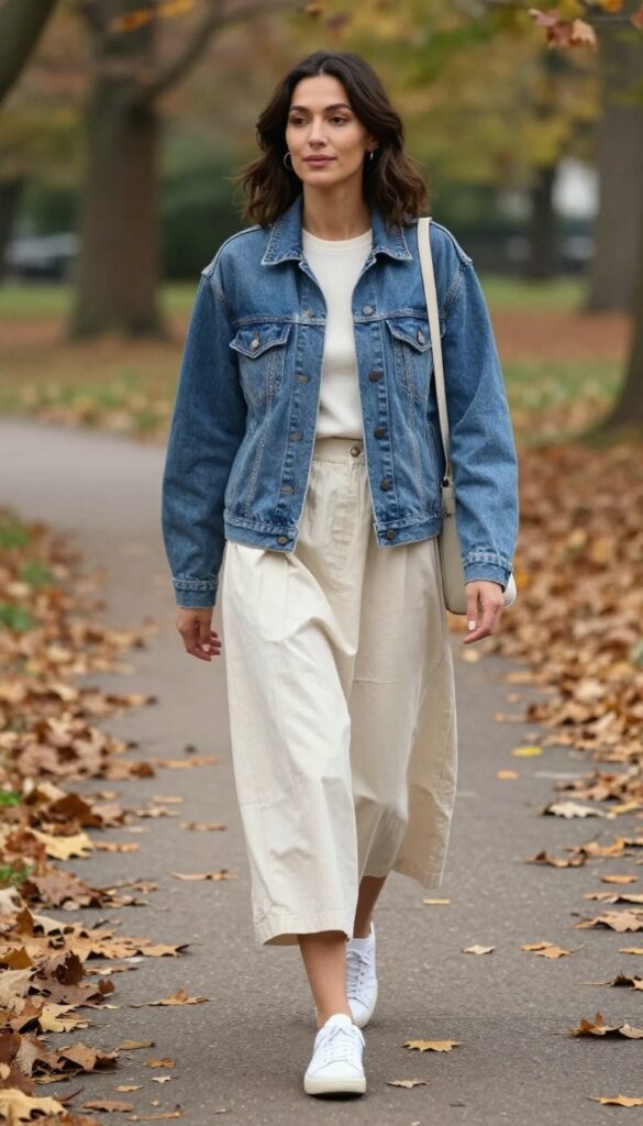 3. Denim Jacket + Cotton Maxi Skirt + White Sneakers