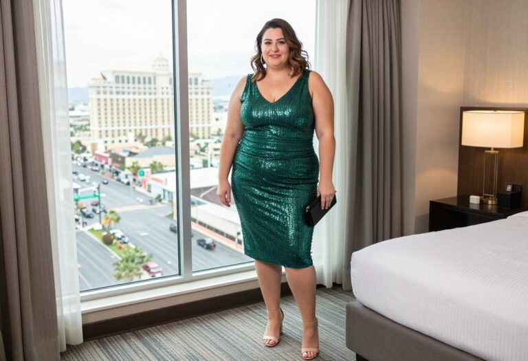 Plus size woman in emerald sequin dress and strappy heels posing in Vegas hotel room with Strip view