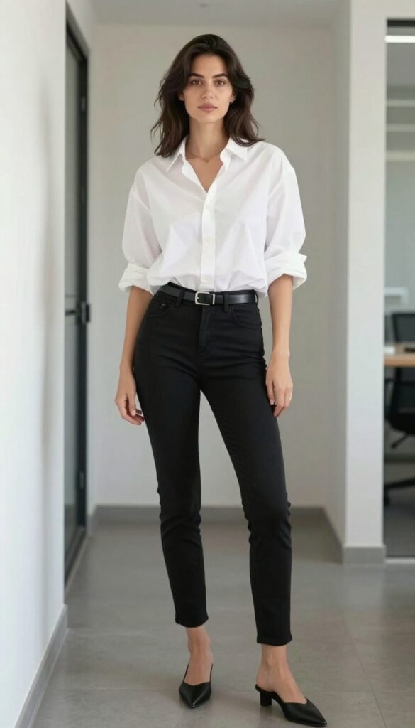 6. Oversized Shirt + Cigarette Pants + Belt