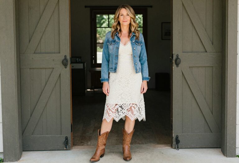 Woman over 40 wearing lace midi dress and cowboy boots at a barn wedding