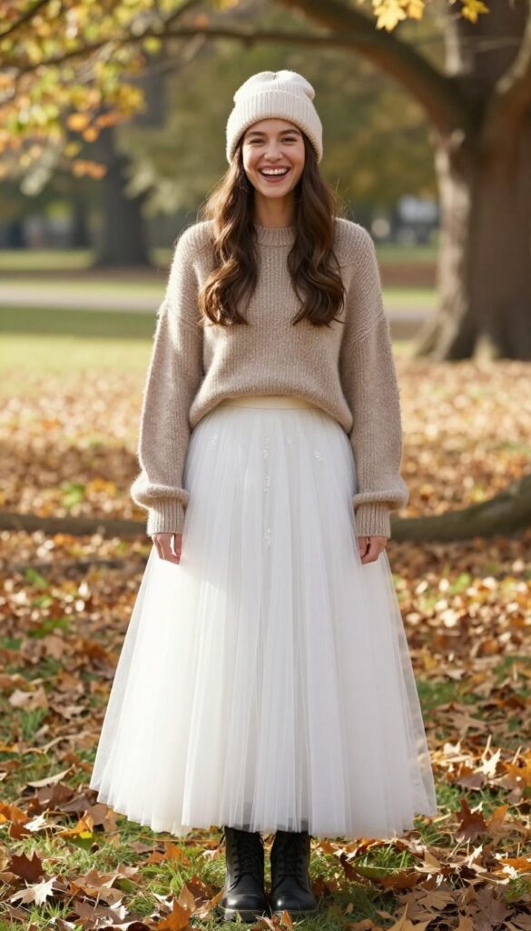 Woman in sleeveless tulle wedding dress with oversized oatmeal knit sweater, black combat boots, and cream beanie in autumn park.