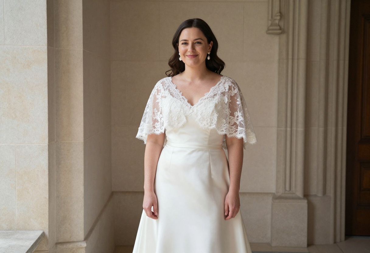 Woman in ivory satin wedding dress with lace cape in cool chapel