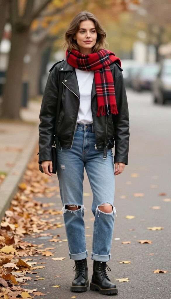7. Leather Jacket with Plaid Scarf, Ripped Denim, and Lug Sole Boots