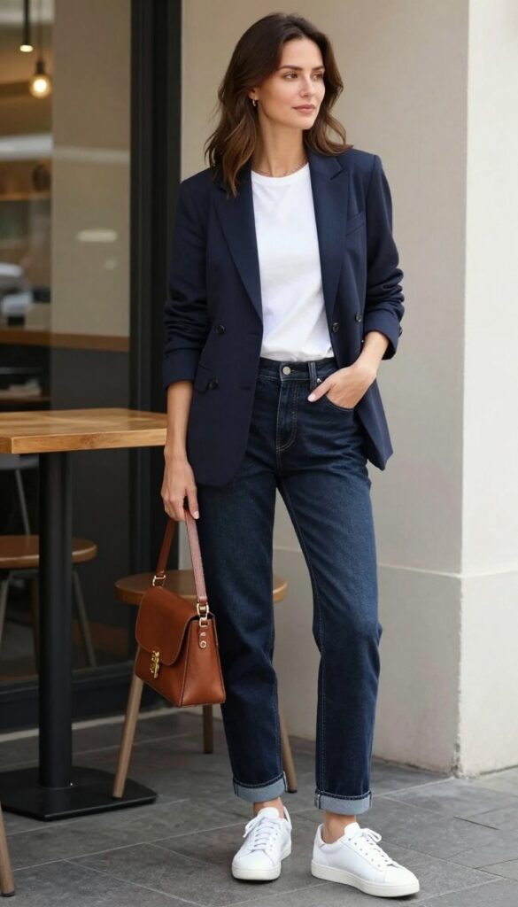 1. The Classic Navy Blazer + White Tee + Straight-Leg Jeans