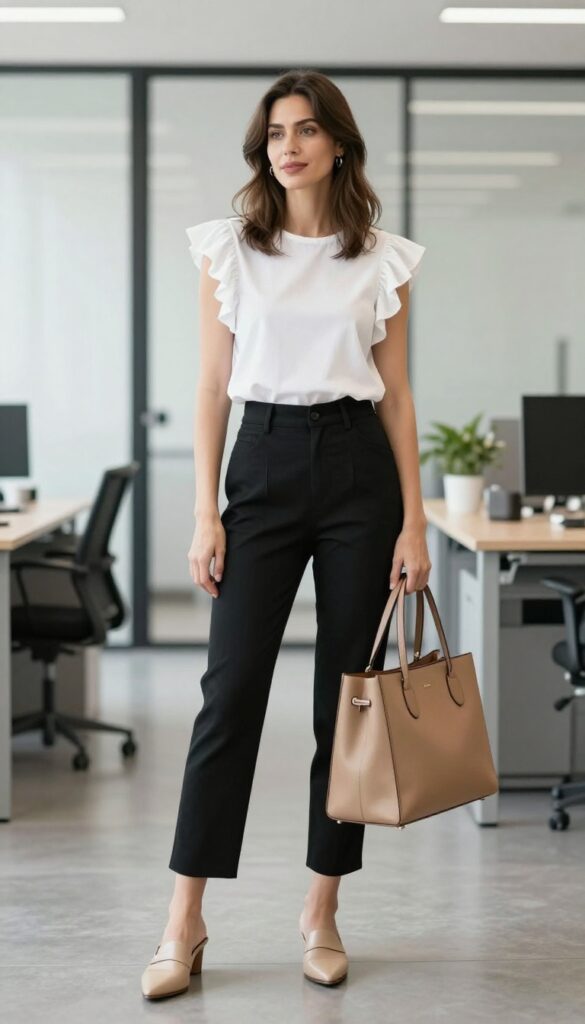 11. Ruffle-Shoulder Top + Straight-Leg Pants + Mules