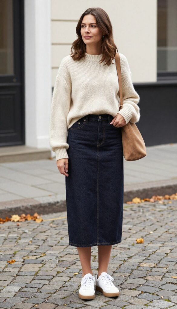 5. Chunky Knit and Denim Skirt