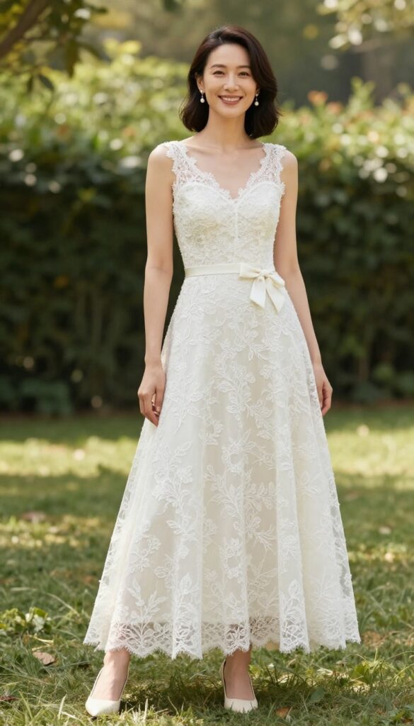 Woman in lace overlay wedding dress with removable bow accent at back, standing in sunlit garden