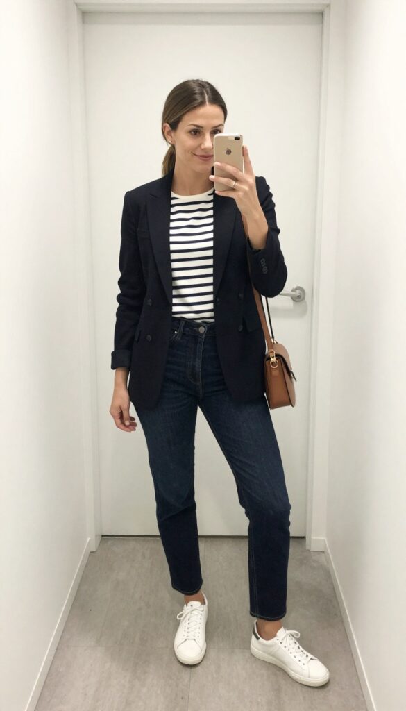 2. Black Blazer with Striped Breton Top and Dark Jeans