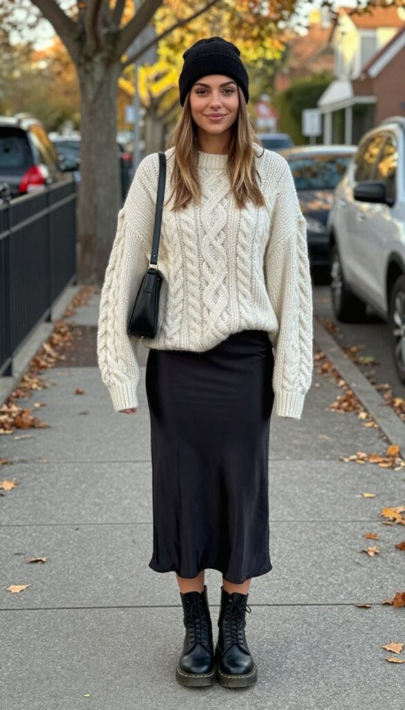 3. Chunky Cable-Knit Sweater + Slip Skirt + Doc Martens + Beanie