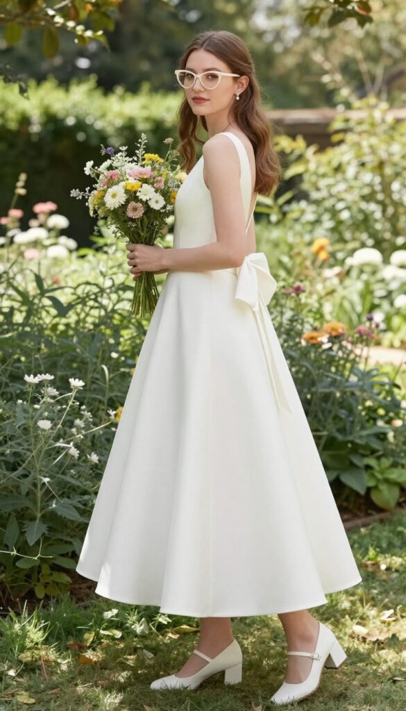 Woman in tea-length white fit-and-flare wedding dress with large back bow, cat-eye glasses, Mary Jane heels, and wildflower bouquet in sunlit garden.