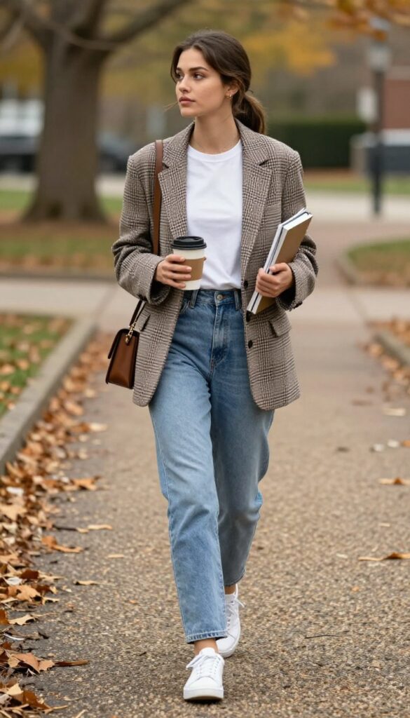 11. Blazer with a Simple Tee, High-Waisted Jeans, and White Sneakers
