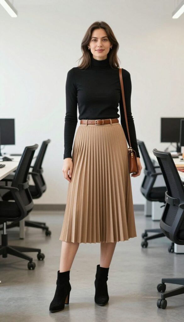 3. Pleated Midi Skirt with a Fitted Turtleneck