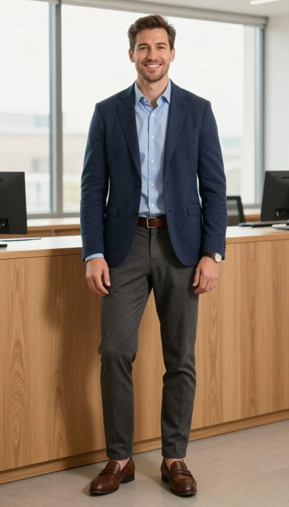 1. The Navy Blazer and Grey Trousers Combo