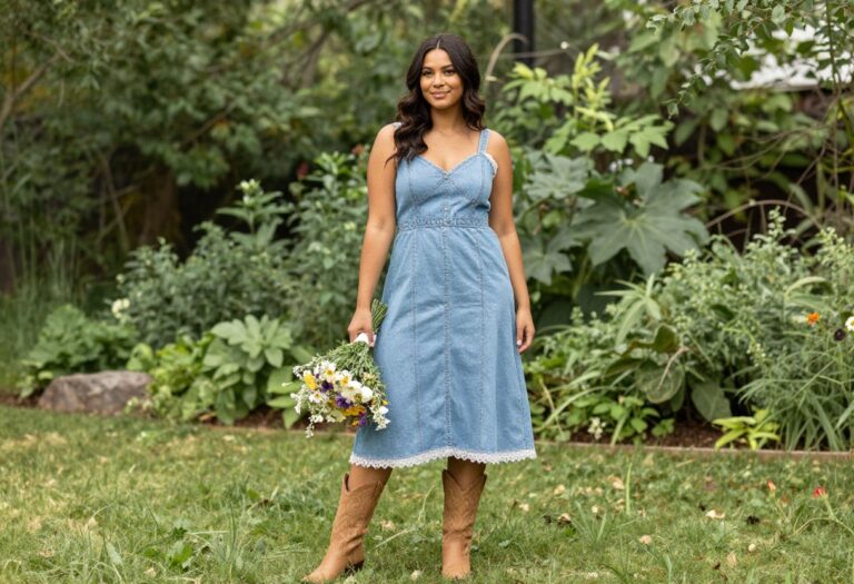 Woman in denim wedding dress with lace trim and cowboy boots holding wildflower bouquet in garden