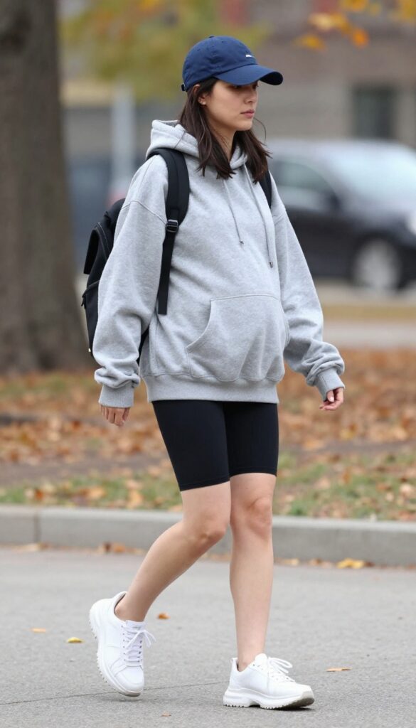 12. Hoodie with Maternity Biker Shorts and Chunky Sneakers