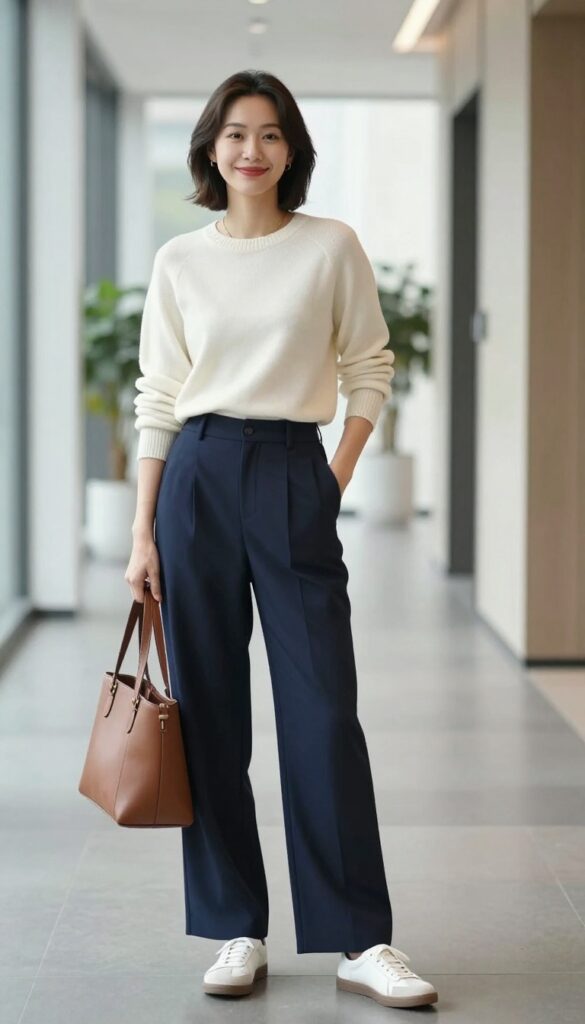 3. Knit Sweater + Wide-Leg Trousers + Leather Sneakers