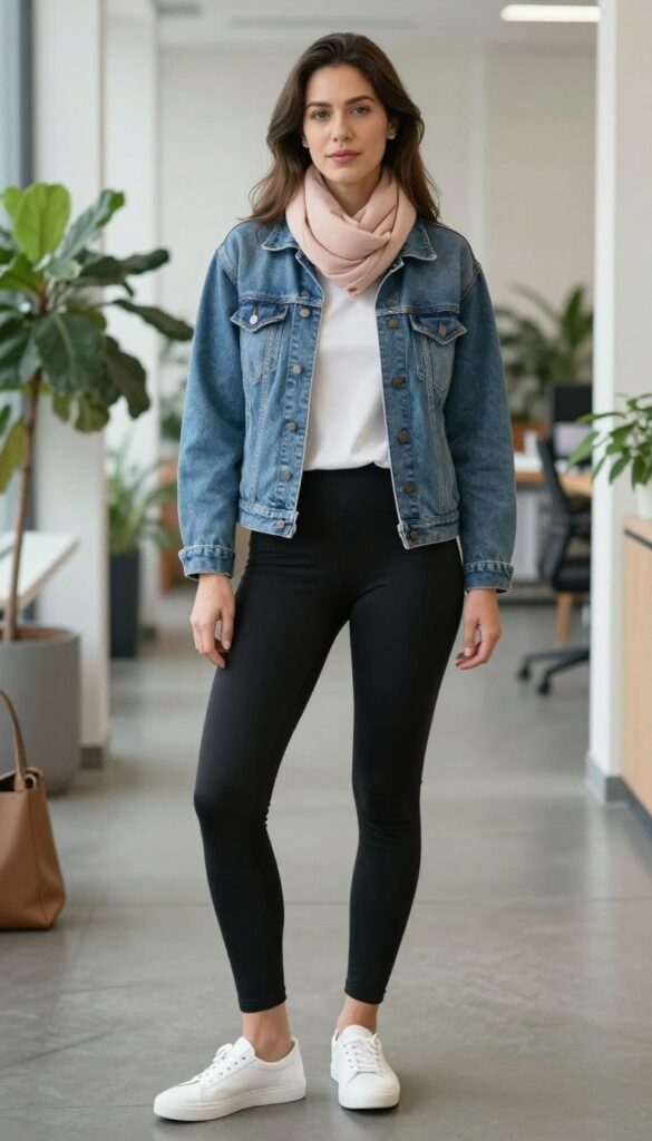 6. Denim Jacket and Leggings: Casual Friday Ready