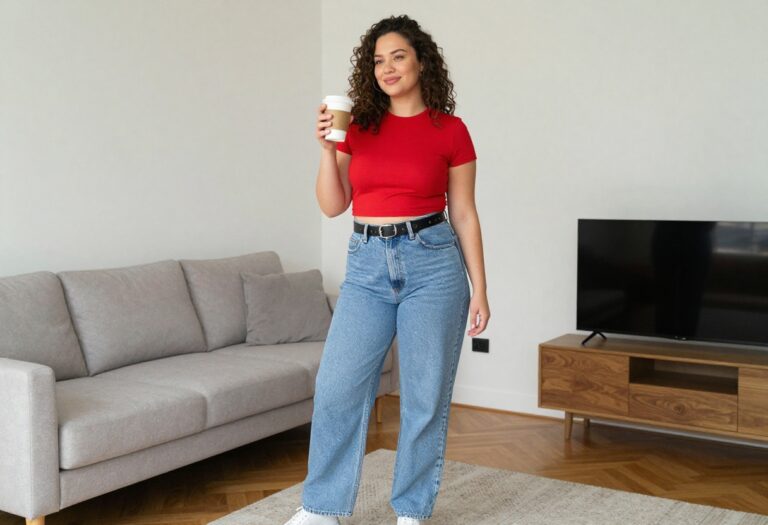 Plus size woman in 90s outfit with baggy jeans and crop top